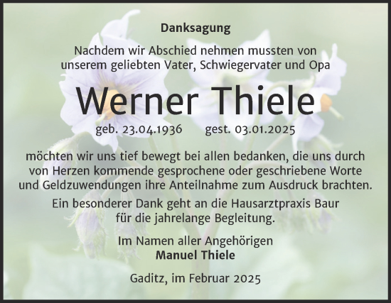 Traueranzeige von Werner Thiele von Trauerkombi Wittenberg