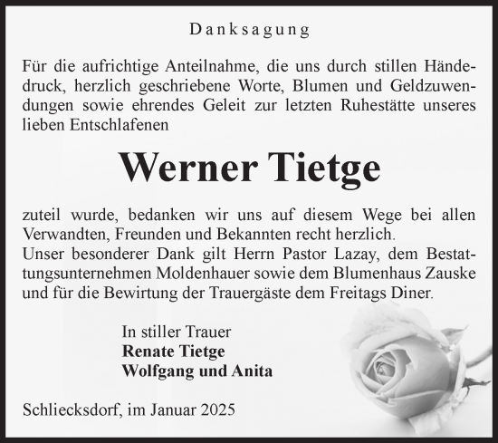 Traueranzeige von Werner Tietge von Volksstimme Altmark Ost