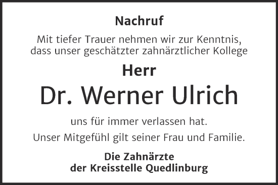 Traueranzeige von Werner Ulrich von Super Sonntag Quedlingburg