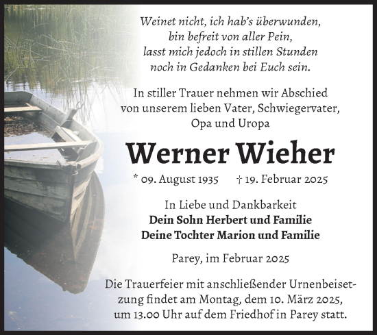 Traueranzeige von Werner Wieher von Volksstimme Burg/Genthin
