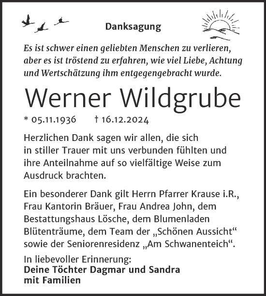 Traueranzeige von Werner Wildgrube von Trauerkombi Wittenberg