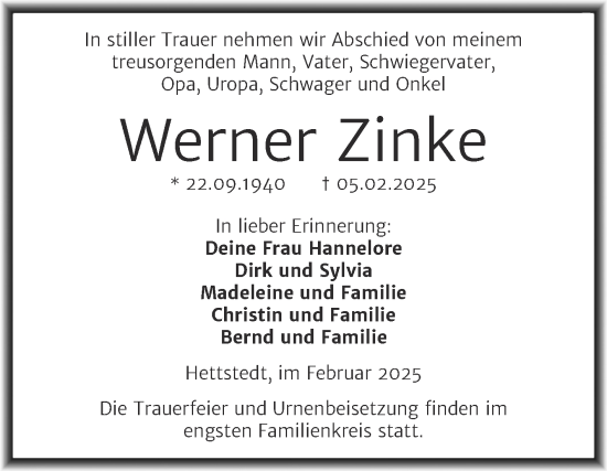 Traueranzeige von Werner Zinke von Trauerkombi Mansfelder Land