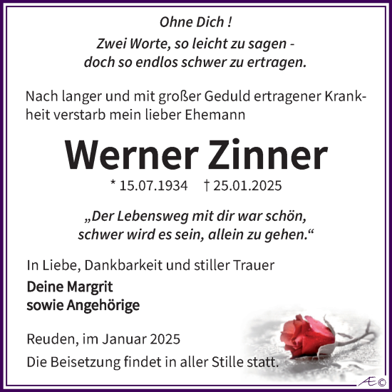 Traueranzeige von Werner Zinner von Trauerkombi Zeitz