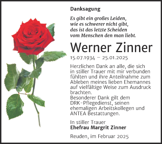 Traueranzeige von Werner Zinner von Trauerkombi Zeitz