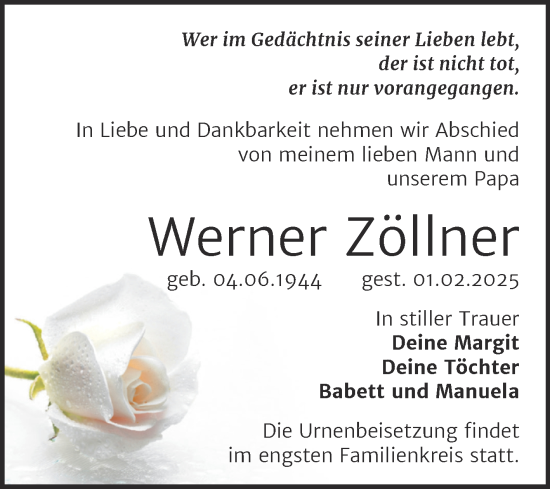 Traueranzeige von Werner Zöllner von Trauerkombi Sangerhausen