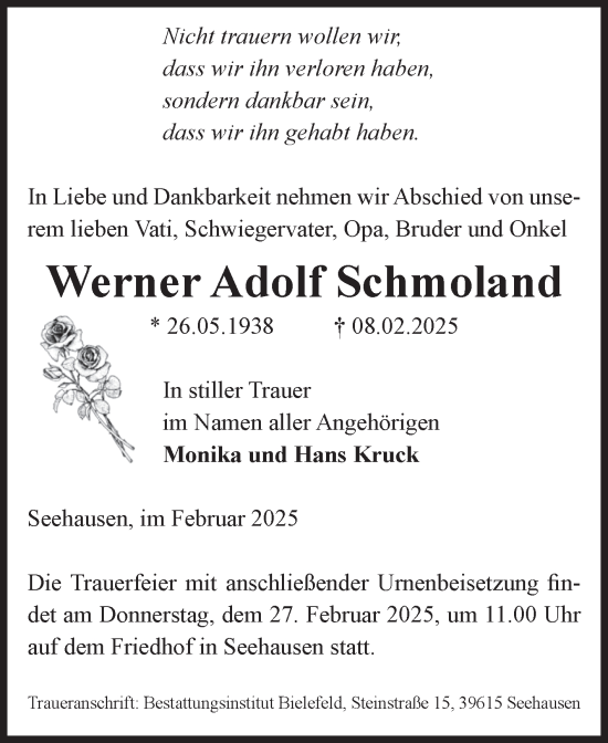 Traueranzeige von Werner Adolf Schmoland von Volksstimme Altmark Ost
