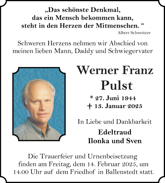 Traueranzeige von Werner Franz Pulst von Trauerkombi Quedlinburg