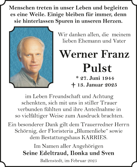Traueranzeige von Werner Franz Pulst von Trauerkombi Quedlinburg