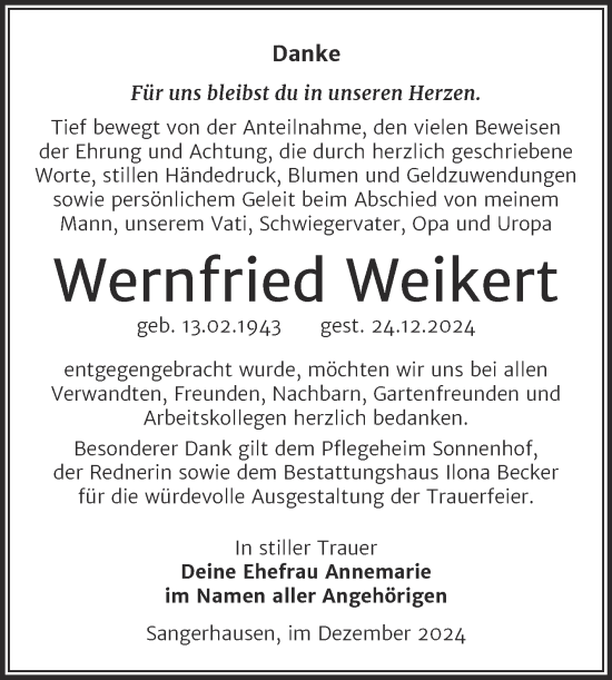 Traueranzeige von Wernfried Weikert von Trauerkombi Sangerhausen