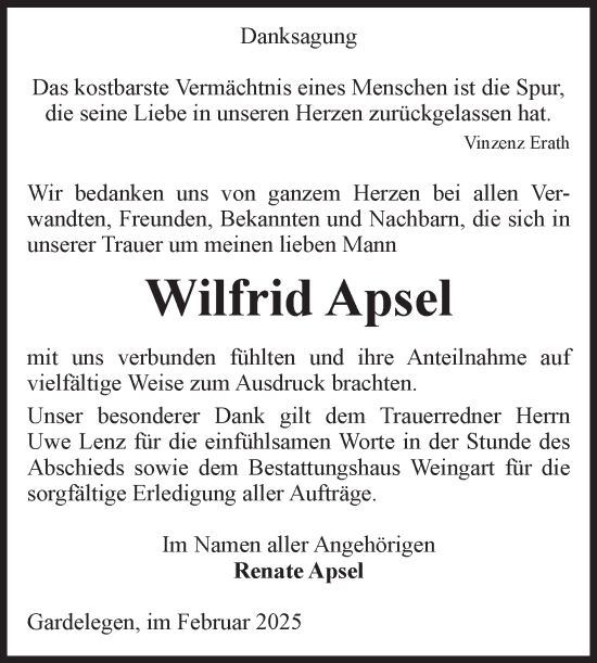 Traueranzeige von Wilfrid Apsel von Volksstimme Altmark West