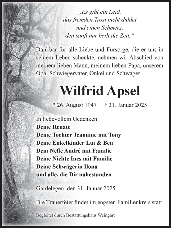 Traueranzeige von Wilfrid Apsel von Volksstimme Altmark West