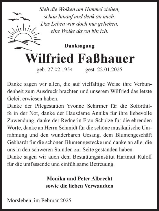 Traueranzeige von Wilfried Faßhauer von Volksstimme Haldensleben/Wolmirstedt
