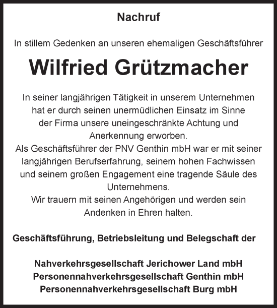 Traueranzeige von Wilfried Grützmacher von Volksstimme Burg/Genthin