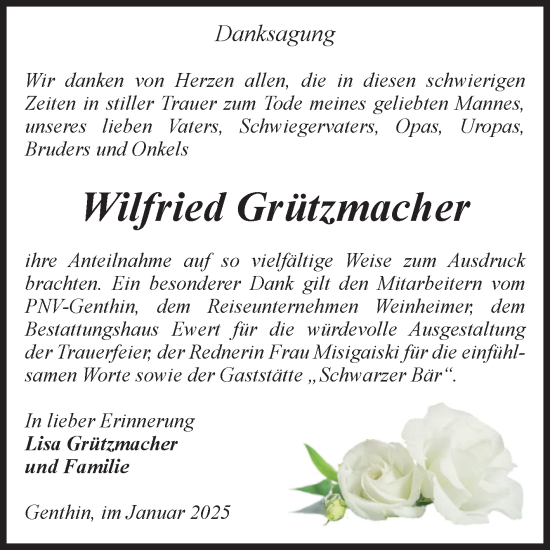 Traueranzeige von Wilfried Grützmacher von Volksstimme Burg/Genthin