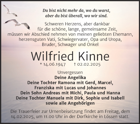 Traueranzeige von Wilfried Kinne von Trauerkombi Merseburg