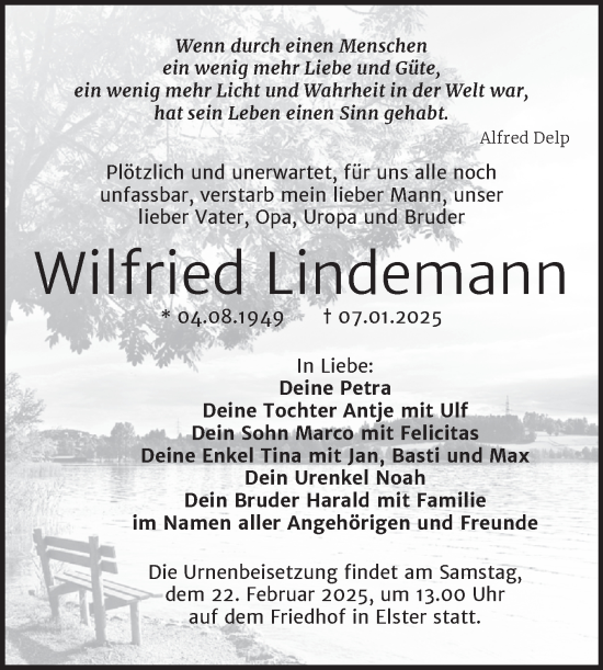 Traueranzeige von Wilfried Lindemann von Trauerkombi Wittenberg