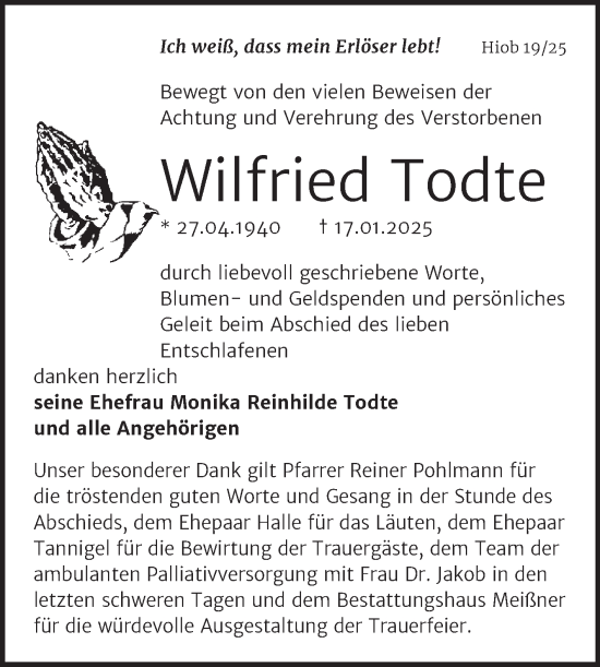 Traueranzeige von Wilfried Todte von Trauerkombi Sangerhausen