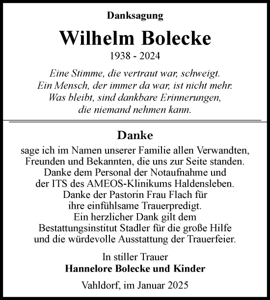 Traueranzeige von Wilhelm Bolecke von Volksstimme Haldensleben/Wolmirstedt