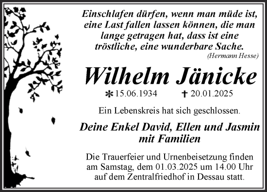 Traueranzeige von Wilhelm Jänicke von Trauerkombi Dessau