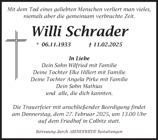 Traueranzeige von Willi Schrader von Volksstimme Haldensleben/Wolmirstedt