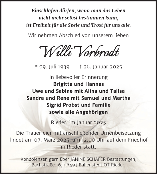Traueranzeige von Willi Vorbrodt von Trauerkombi Quedlinburg
