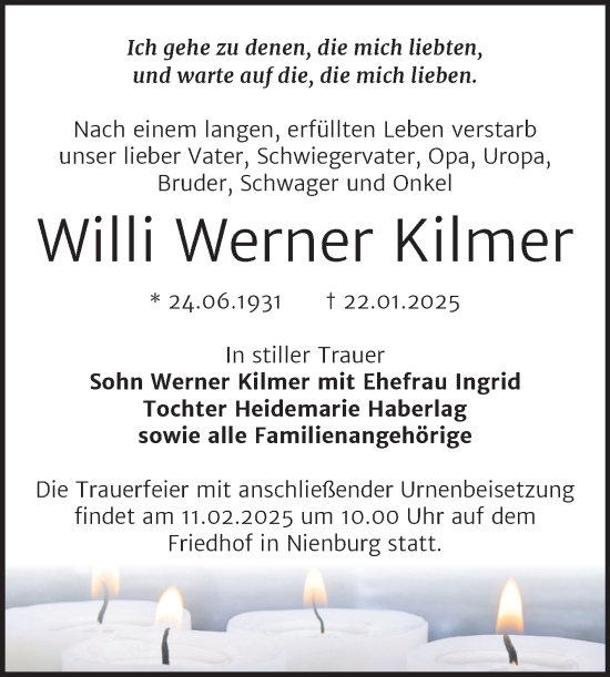 Traueranzeige von Willi Werner Kilmer von Trauerkombi Bernburg