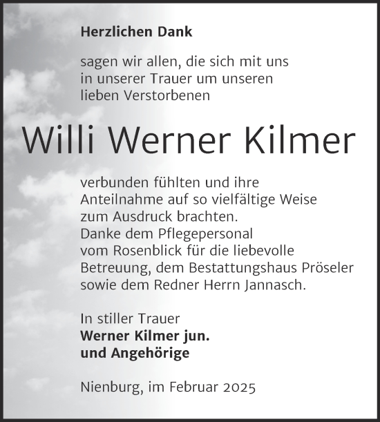 Traueranzeige von Willi Werner Kilmer von Trauerkombi Bernburg