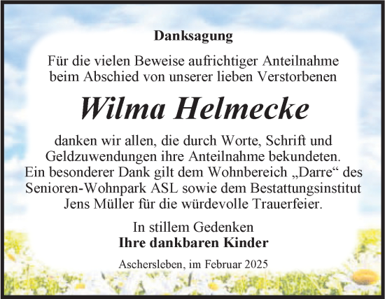 Traueranzeige von Wilma Helmecke von Trauerkombi Aschersleben