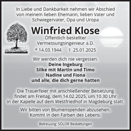 Traueranzeige von Winfried Klose von Volksstimme Burg/Genthin