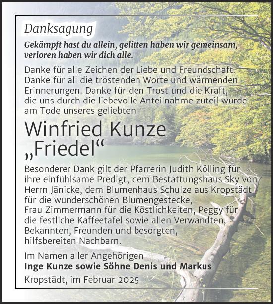 Traueranzeige von Winfried Kunze von Trauerkombi Wittenberg