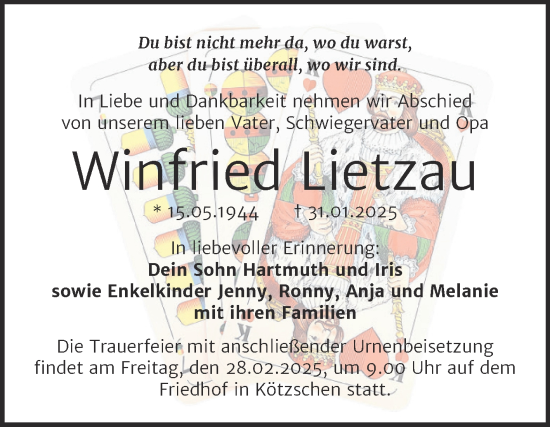 Traueranzeige von Winfried Lietzau von Trauerkombi Merseburg