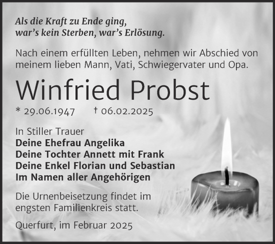 Traueranzeige von Winfried Probst von Trauerkombi Merseburg