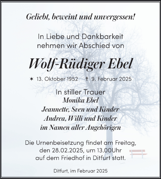 Traueranzeige von Wolf-Rüdiger Ebel von Trauerkombi Quedlinburg