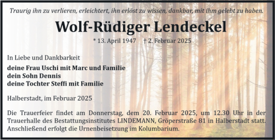 Traueranzeige von Wolf-Rüdiger Lendeckel von Volksstimme Halberstadt