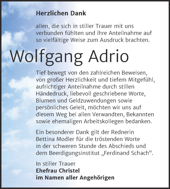 Traueranzeige von Wolfgang Adrio von Trauerkombi Wittenberg