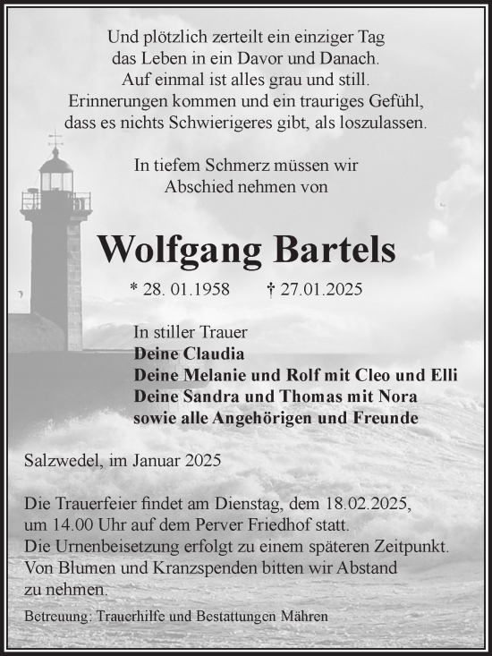 Traueranzeige von Wolfgang Bartels von Volksstimme Altmark West