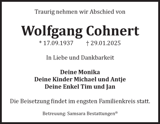 Traueranzeige von Wolfgang Cohnert von Volksstimme Magdeburg