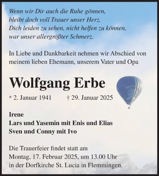 Traueranzeige von Wolfgang Erbe von Naumburger Tageblatt