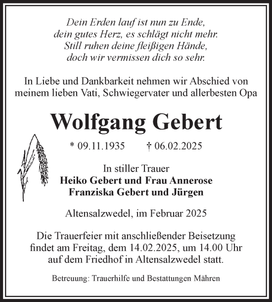 Traueranzeige von Wolfgang Gebert von Volksstimme Altmark West