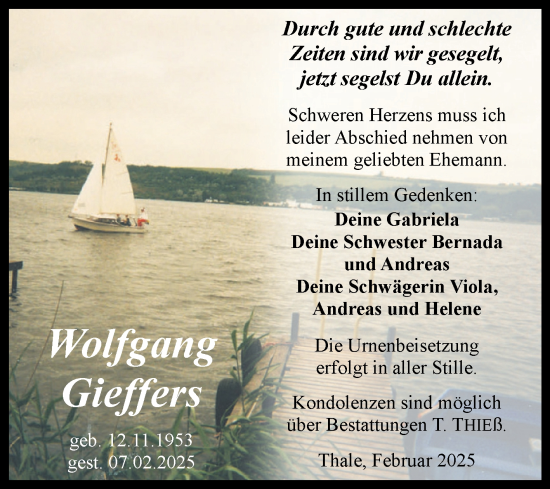 Traueranzeige von Wolfgang Gieffers von Trauerkombi Quedlinburg