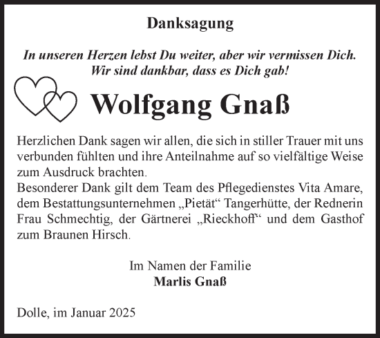 Traueranzeige von Wolfgang Gnaß von Volksstimme Haldensleben/Wolmirstedt