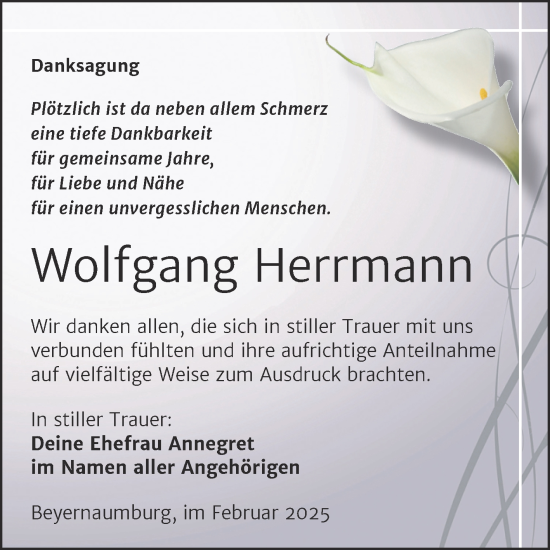 Traueranzeige von Wolfgang Herrmann von Trauerkombi Sangerhausen