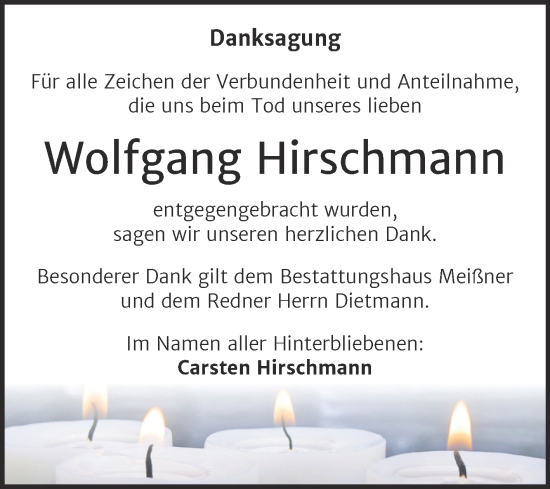 Traueranzeige von Wolfgang Hirschmann von Trauerkombi Sangerhausen
