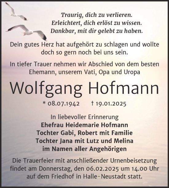 Traueranzeige von Wolfgang Hofmann von Mitteldeutsche Zeitung Halle/Saalkreis