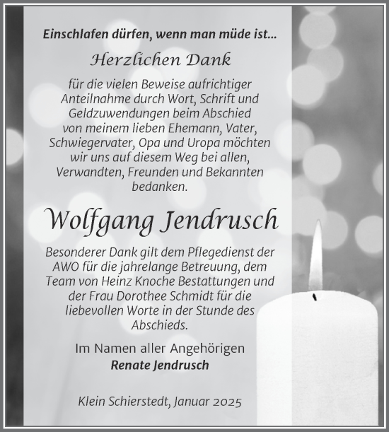 Traueranzeige von Wolfgang Jendrusch von Trauerkombi Aschersleben