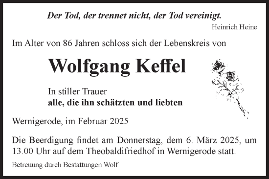 Traueranzeige von Wolfgang Keffel von Volksstimme Wernigerode