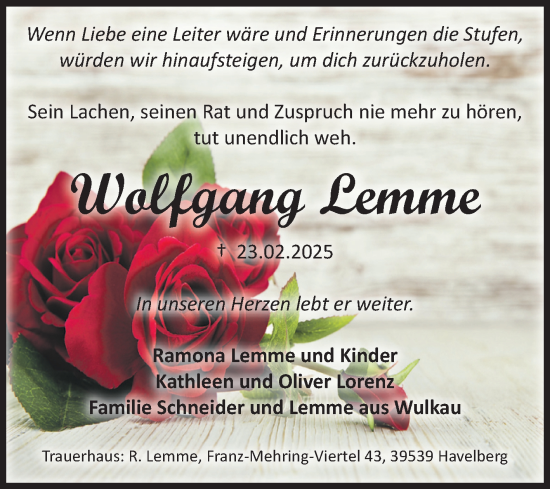 Traueranzeige von Wolfgang Lemme von Volksstimme Altmark Ost