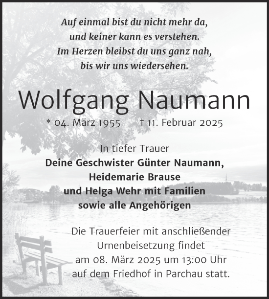 Traueranzeige von Wolfgang Naumann von Volksstimme Burg/Genthin