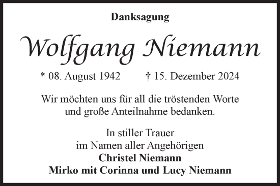Traueranzeige von Wolfgang Niemann von Volksstimme Magdeburg