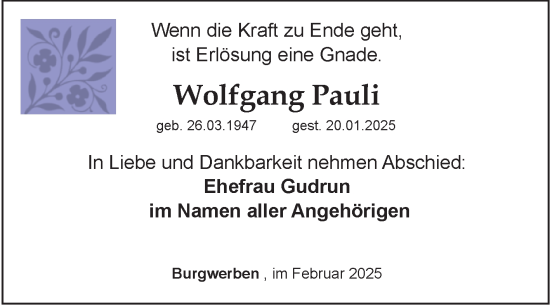 Traueranzeige von Wolfgang Pauli von Trauerkombi Weißenfels